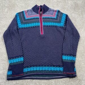 Eddie Bauer Womens Navy Blue Fair Isle Quarter Zip Sweater Cotton Rayon Medium